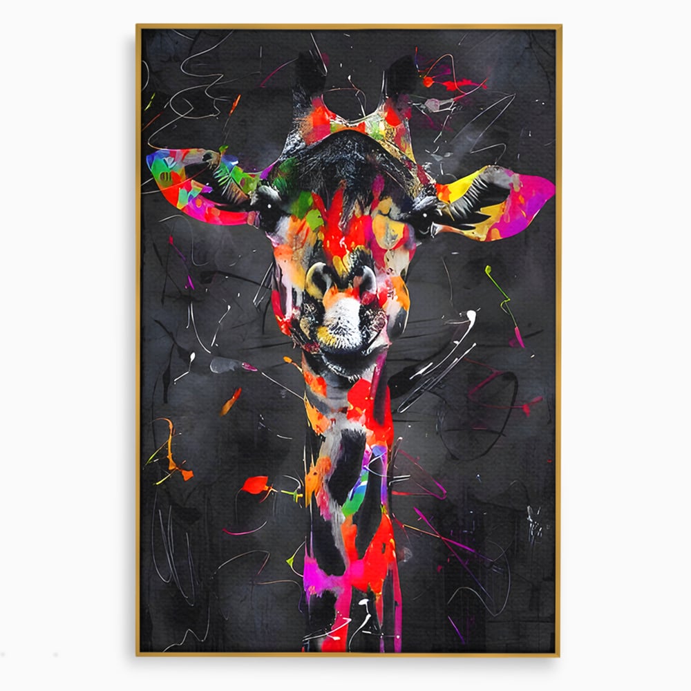 Tablou canvas cu tablou canvas cu girafa multicolor, in rama de aluminiu auriu